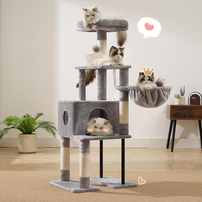 Heybly Cat Tree with Toy, 49.2 inch Cat Tower for Indoor Cats HCT200SW-1 | Spacious Cat House Condo with Hidden Space，Soft Plush Top Perch，Cozy Hammock and Sisal Scratching Posts, Light Gray - Image 8