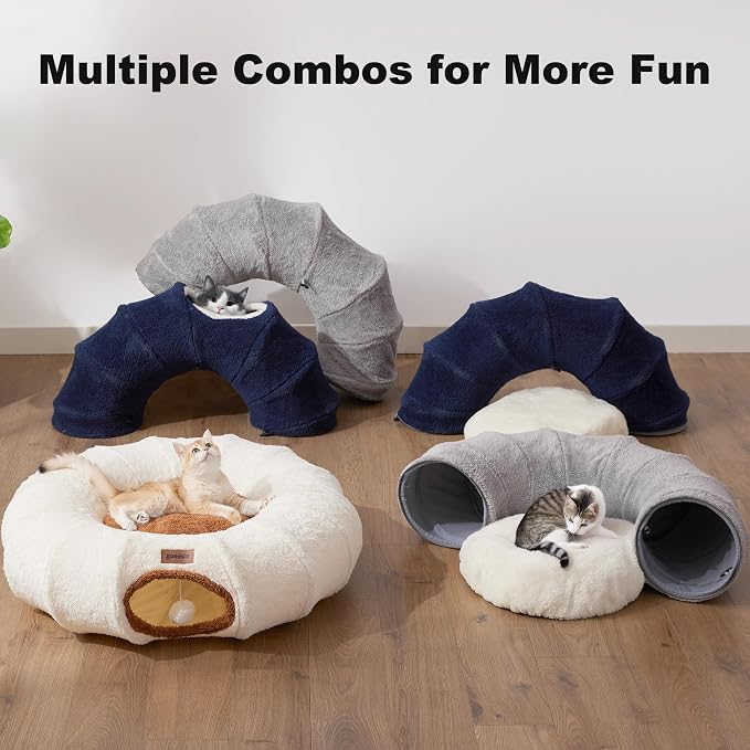 ZOMISIA Cat Tunnel Bed for Indoor Cats, Cute Cat Donut Toy Tunnel for Small Large Cats, Peekaboo Pet Cave Play Tunnel Toys for Kitten/Rabbit,Beige - Image 5