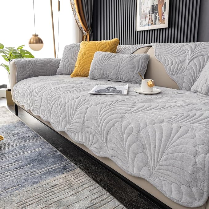 Couch Covers Plush Quilted Sofa Covers for Sectional Sofa Washable | Palm Leaves Couch Cover Chenille Non Slip Sofa Covers Soft Sofa Slipcover Furniture Protector for Pets Kids Children Dogs Cat by WelcometoXSlive