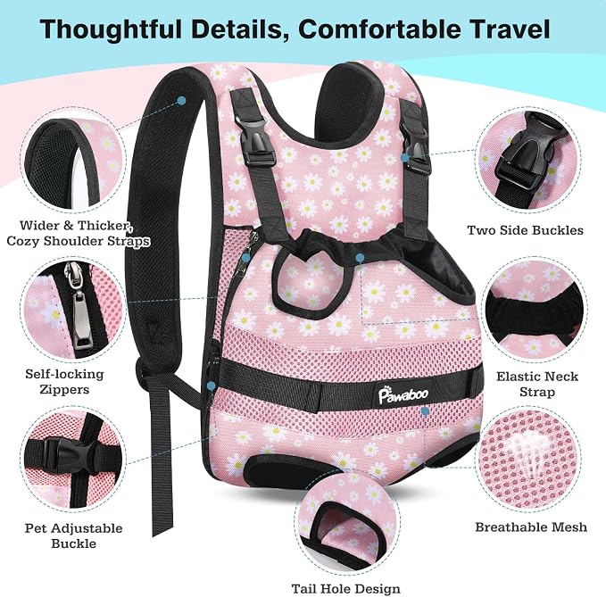 Pawaboo Pet Front Carrier Backpacks for Small Medium Dogs | Legs Out Easy-fit,Adjustable Straps,Hands-free,for Travel Hiking Cycling Camping Pink Daisy M - Image 2