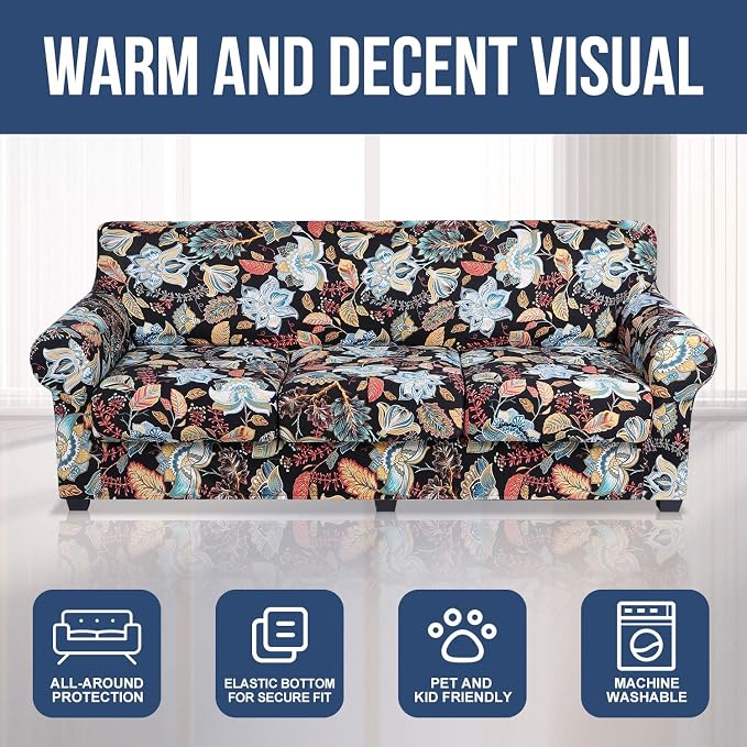 hyha Stretch Couch Covers, Sofa Cover for 3 Cushion Couch Pet Friendly | Floral Pattern, Printed, 4 Pieces, 3 Separate Cushion Sofa, Durable Anti-slip Washable Protector with Elastic Bottom for Dogs - Image 8