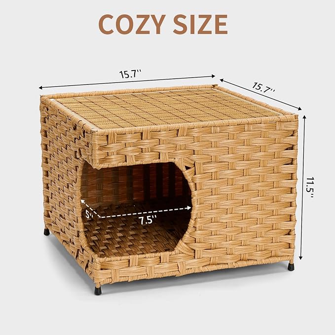 Cat House for Indoor Cats - Wicker Cat Bed with Double-Sided Soft Cushion, Decorative Handwoven Pet Bed Furniture - Image 2