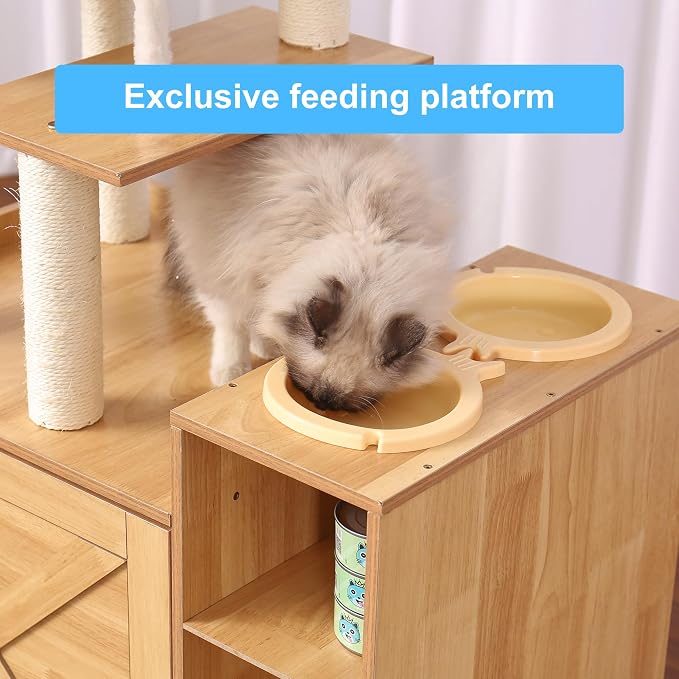 Hey-brother Cat Tree Tower, Wooden Litter Box Enclosure and Condo, MPJ115WB | 61.02 Inches Modern Cat Furniture with Large Platform, Scratching Posts, 2 Hammocks, All-in-one for Indoor Cats, Rustic Brown - Image 6