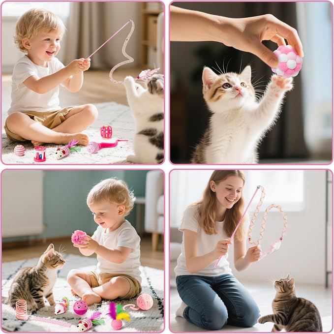 MALLMALL6 Cat Toy Set Interactive Cat Toys 27Pcs Pack Stuff Pink Feather Teaser Wand Springs Mice Sisal Fish Crinkle Balls Bell Balls, Puzzle Pack for Indoor Kitty Play Exercise - Image 4