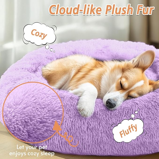 JOLLYVOGUE Calming Dog Bed for Small Dogs - 23 inches Donut Washable Small Dog Bed for Kittens & Puppies, Anti-Slip Round Fluffy Plush Faux Fur Cat Beds (Fits up to 25 lbs Pets, Purple) - Image 2