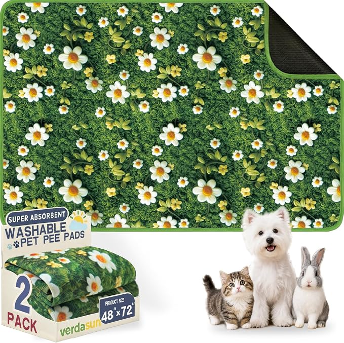 Washable Pee Pads for Dogs, Reusable Puppy Potty Training Pads, Ultra-Absorbent Thick Waterproof Leak-Proof Non-Slip Pads & Mat for Crate, Playpen, Floor, Whelping & Housebreaking , 2 Pack 48"x72" by Verdasun