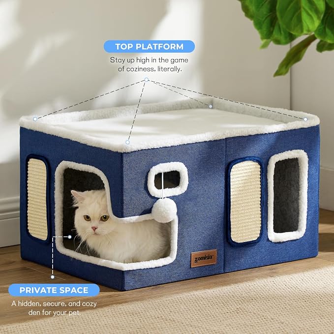 ZOMISIA Extra-Wide Cat House for Indoor Cats - Large Cat House for Pet with Fluffy Ball Hanging and Scratch Pad, Foldable Cat Hideaway for Multi Cats, 23x16.5x13 inches, Grey - Image 2