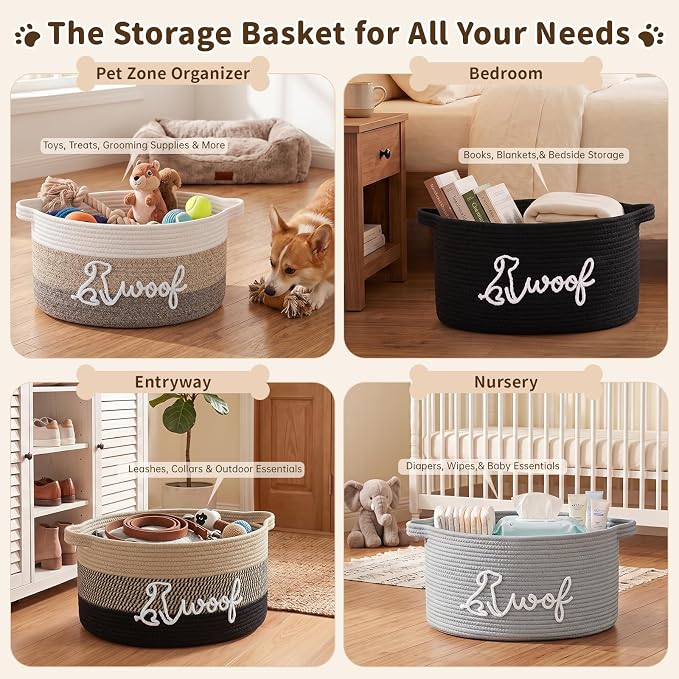 OIAHOMY 22L Large Dog Toy Basket, 16.5"x11.4"x9" Cotton Rope Basket with Cute Woof Embroidery, Soft Woven Pet Toy Box with Handles for Blankets, Leashes & Puppy Accessories, Decorative Organizer Brown - Image 9