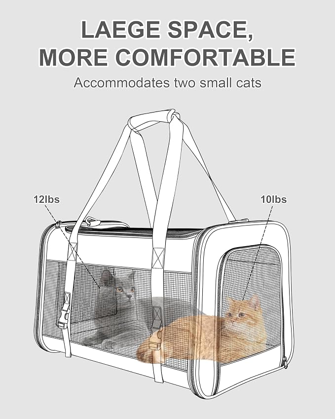 Soft-Sided Large Cat Carrier for 2 Cats, Spacious Foldable Pet Travel Carrier for Large Cats up to 25 Lbs, Double Cat Bag with Shoulder Strap, 20x13x13 Inch, Fits Maine Coon and Small Dogs, Grey | Spacious 20×13×13 in design with reinforced frame for o... - Image 4
