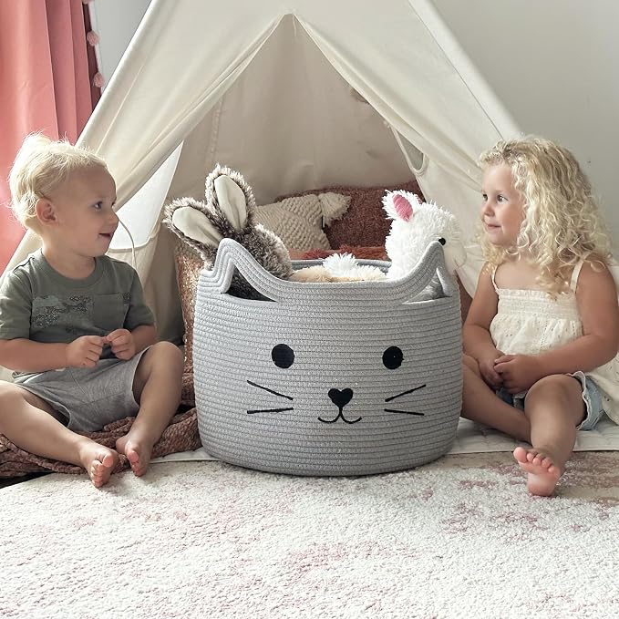 Large Woven Rope Cat Toy Basket with Cat Face Design, Grey | 15.7" x 11.8" Toy Bin & Box for Living Room Nursery, Baby Storage Basket for Towels, Blankets, with Sturdy Handles - Image 7