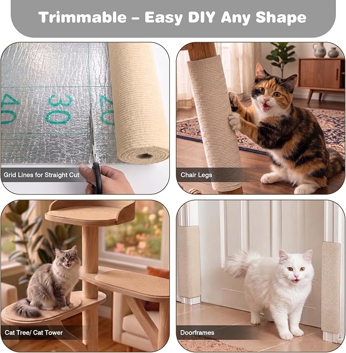 Cat Scratch Furniture Protector: 78.7"x15.8" High Self-Adhesive | Cat Scratch Carpet Trimmable for Couch Scratcher Protector from Claws Scratching Mat Lasts 3-6M 3min Install, Khaki - Image 4