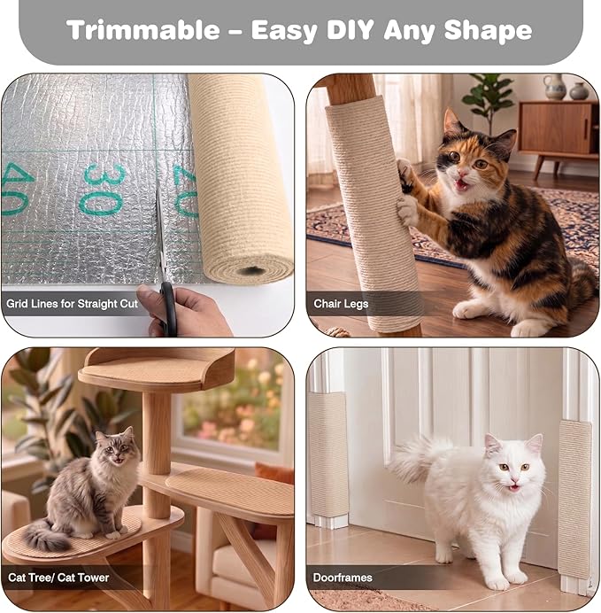 Cat Scratch Furniture Protector: 78.7"x15.8" High Self-Adhesive | Cat Scratch Carpet Trimmable for Couch Scratcher Protector from Claws Scratching Mat Lasts 3-6M 3min Install, LightGray - Image 4