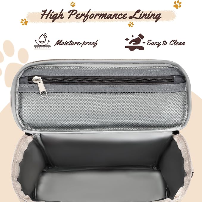 Modoker Compact Dog Travel Bag Set with 2 Bowls and Food Bags, 7.6L Beige | Under-Seat Pet Travel Organizer with 2 Food Bags, 2 Collapsible Bowls, Feeding Mat, Multiple Pockets and Adjustable Flap - Image 6