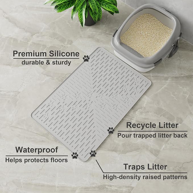 Cat Litter Mat, 23.5x16 Silicone Trapping Mat Ash Grey | for Kitty Litter Box, Easy Clean, BPA Free Rubber, Center Litter Collection, Easy Pour-Back, Waterproof, Odor-Resistant - Image 2