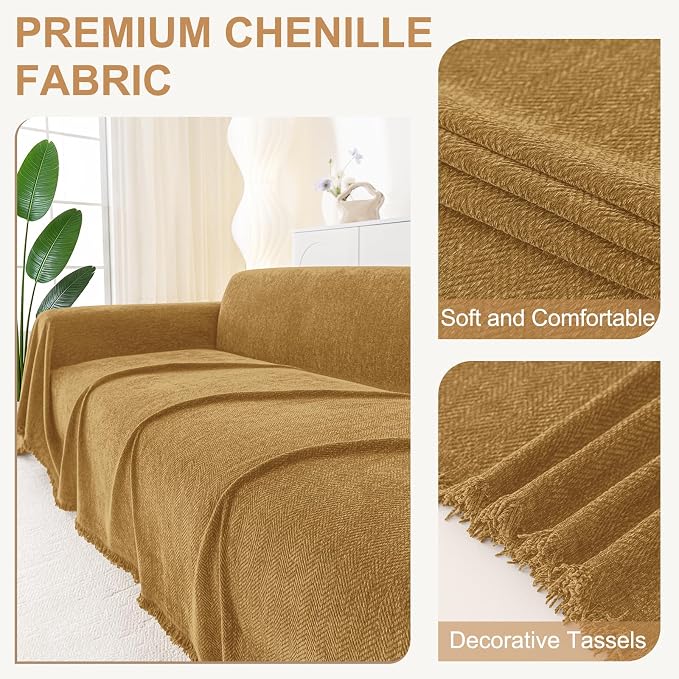 Smiry Couch Cover for Dogs, Chenille Sofa Covers for 3 Cushion Couch | Washable Soft Sofa Slipcover for Pets, Thick Sectional Furniture Protector with Tassels (Yellow, 88.5x150 Inch) - Image 2