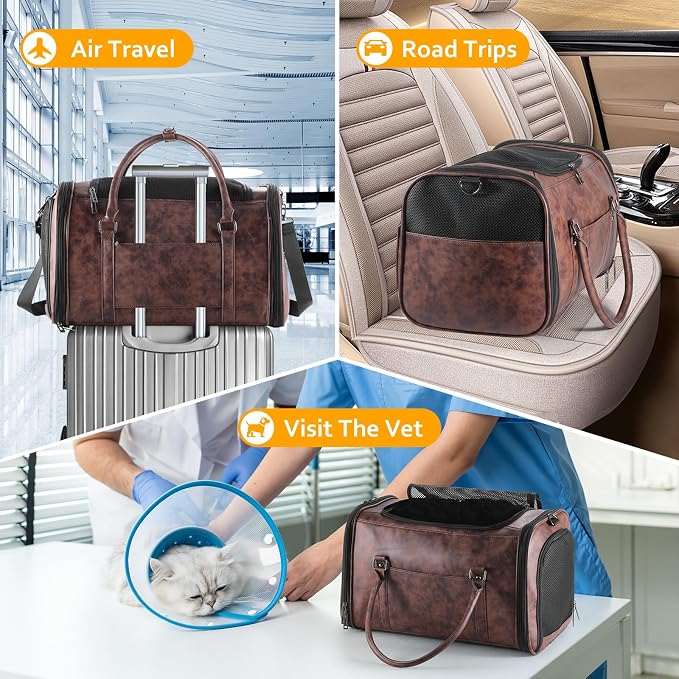 Stylish Leather Pet Carrier for Small Dogs and Cats Up to 15 lbs, Airline Approved Lightweight Travel Tote with Breathable Mesh and Shoulder Strap Coffee - Image 6
