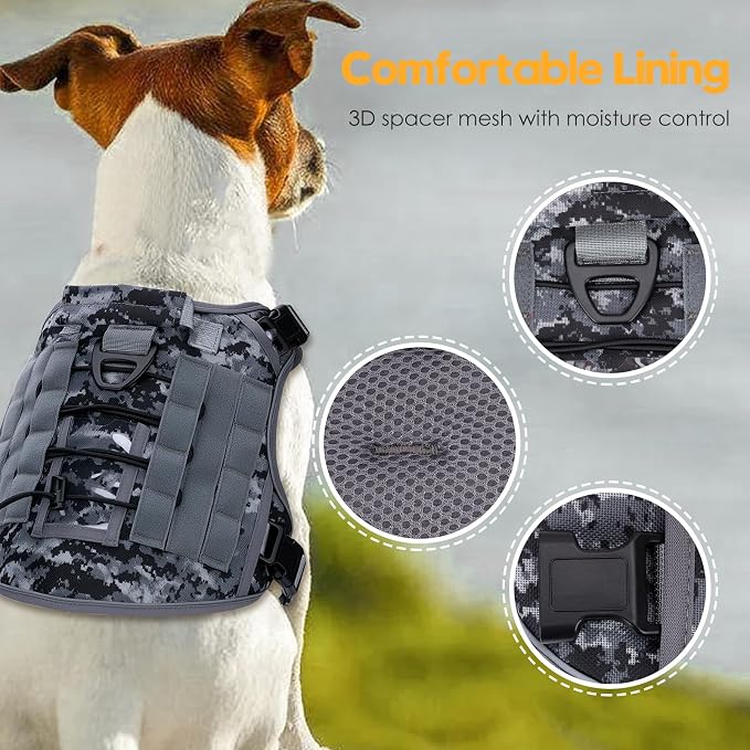 Heavy-Duty Tactical Dog Harness for Large Dogs, No Pull Adjustable Reflective Pet Vest with Molle System, K9 Military-Grade Control for Service Training, Outdoor & 10+ Breeds, Gray Camo, XX-Large - Image 2