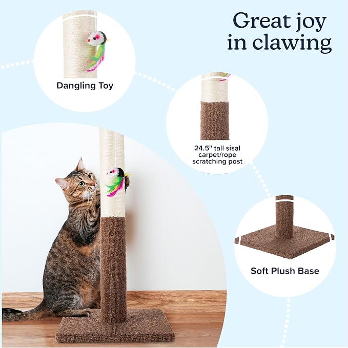 PETMAKER Cat Scratching Post - Tall Scratcher for Cats and Kittens with Sisal Rope and Carpet, Hanging Mouse Toy for Interactive Play (24.5 Inch) - Image 2