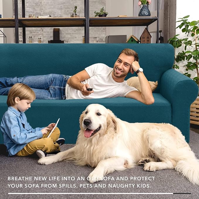 XINEAGE Stretch Jacquard XL Sofa Cover, Non Slip Sofa Slipcover for Dog | High-Stretch Fabric. Wear-Resistant, Pet Friendly. Easy Install & Washable for Living Rooms, Offices.Peacock Blue - Image 4