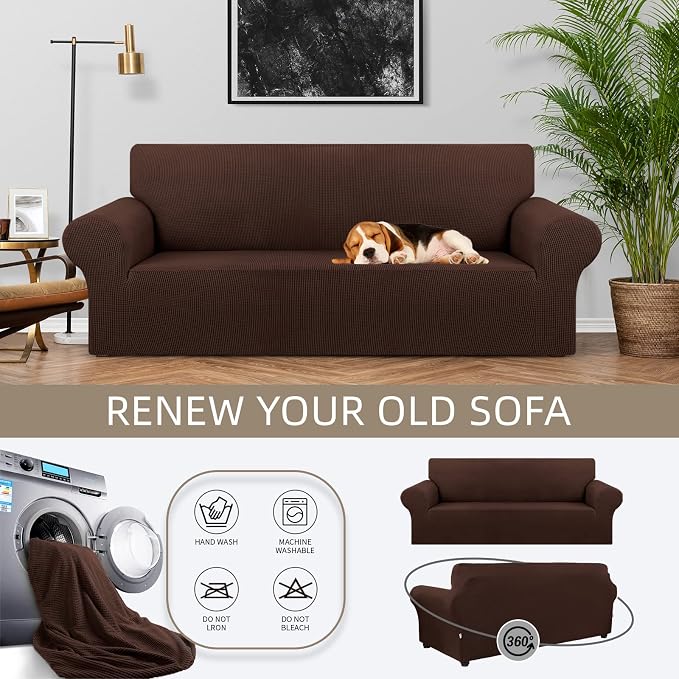 KEKUOU Stretch Couch Covers for Sofa, 3 Cushion Couch Slipcover,Chocolate | 1-Piece Washable Sofa Cover Pet Friendly(78"-94") Furniture Protector Soft Jacquard, Elastic Bottom for Dogs & Kids - Image 3