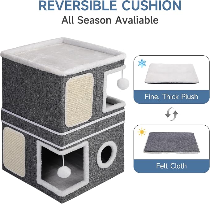 Shikha 2 Story Cat House beds for Indoor Cats with Scratch Pads Grey | 2 in 1 Dual Use Double Cat Bed Cave for Multiple Pets Kitten, Elevated Perch for a Wide View, All Season Reversible Cushion - Image 6