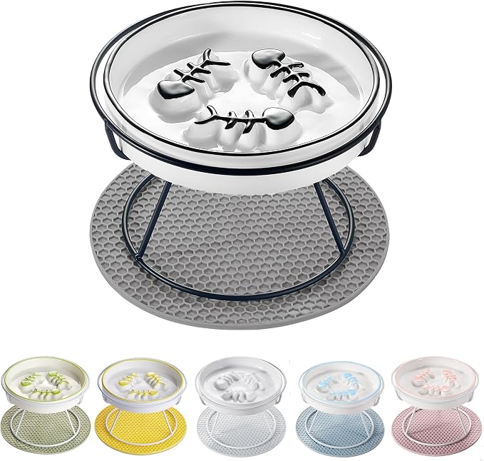 Ceramic Elevated Slow Feeder Cat Bowl, Anti Vomit, Removable Dish, Black | Removable Ceramic Bowl Slow Feeder Anti Vomit Whisker-Friendly Wet & Dry Food by Trundisan