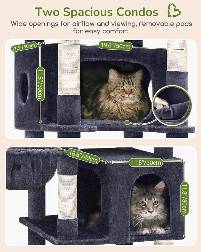 Globlazer 74in Heavy Duty Cat Tree Tower for Indoor Large Cats Adult, S74 | Sturdy Cat Tower with 7 Scratching Posts, 2 Widened Padded Condos for Big Cats, Dual-Ear Baskets, Enlarged Perch, Dark Grey - Image 2