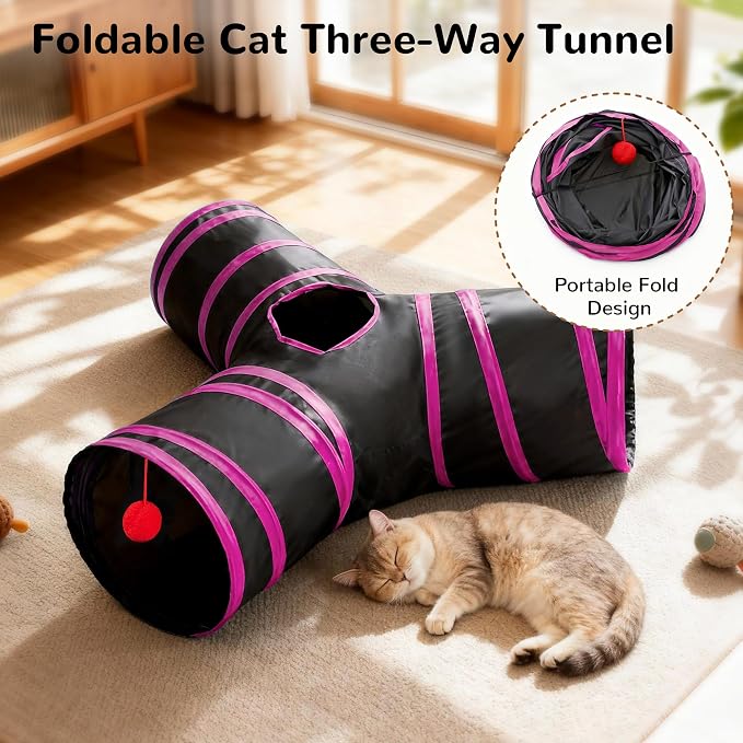 Tempcore Cat Tunnel for Indoor Cats, 3 Way Collapsible Pet Play Tunnel with Teaser Wand, Peek Holes & Hanging Ball, Interactive Tube for Kittens & Rabbits, Black & Rose Red - Image 4