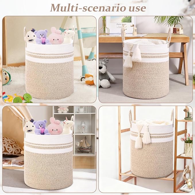 Laundry Hamper for Organizing, 52L Large Laundry Baskets, Cotton Rope Woven Blanket Basket, Collapsible Laundry Hamper for Living Room, Nursery, 15"×18", Jute - Image 5