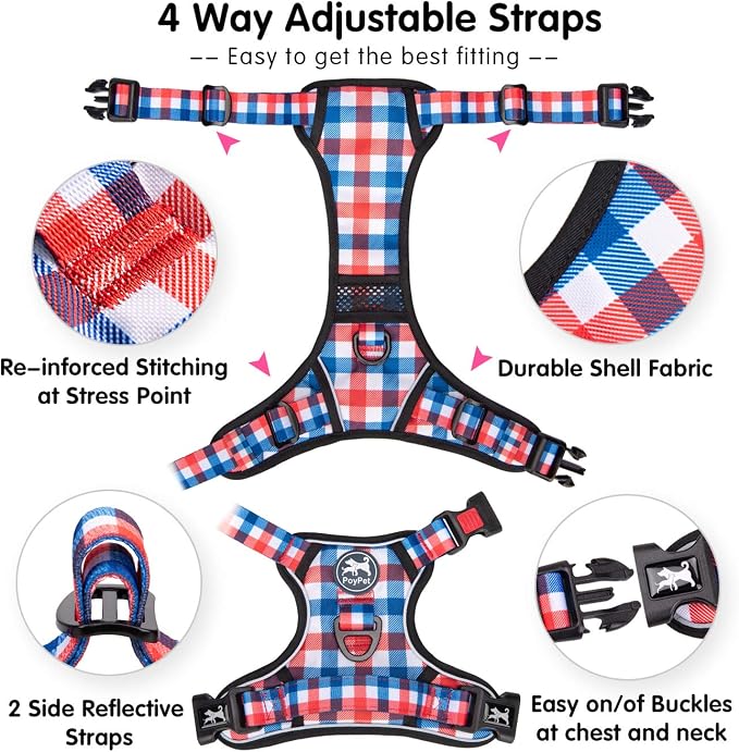 PoyPet Plaid Dog Harness Large, No Pull Vest with Front Clip & Neck Buckle | Padded Handle, Reflective, No Choke, Lockable, 2 Leash Rings, Full Adjustable, for Training Walking, XL, Checkered Blue - Image 3