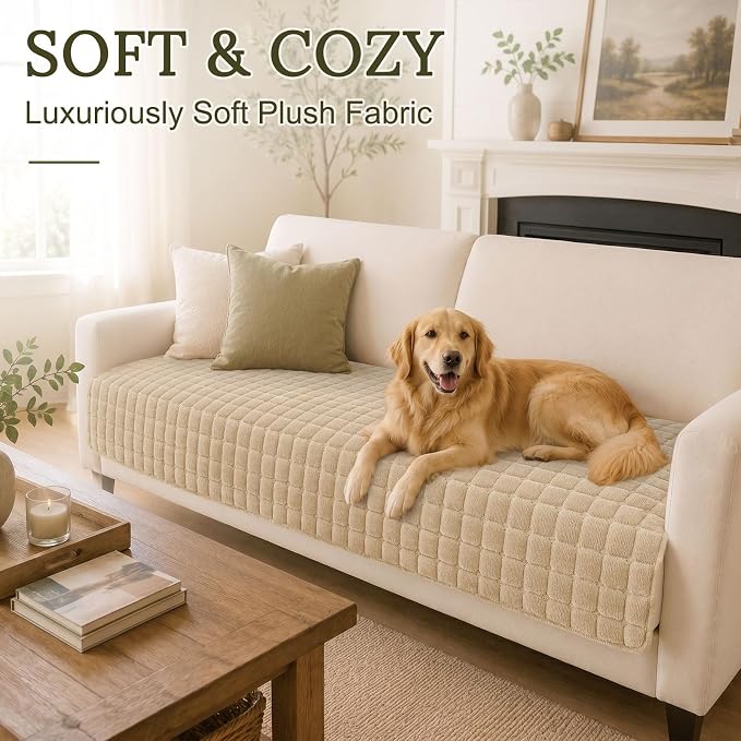 Smiry Velvet Couch Cover for Dogs, Non Slip Soft Sofa Protector for Pets | Washable Sofa Cover for Cats, Cozy Furniture Protector Against Pet Hair, Scratches, Fits Sectional Sofa(Khaki, 36"x88") - Image 2