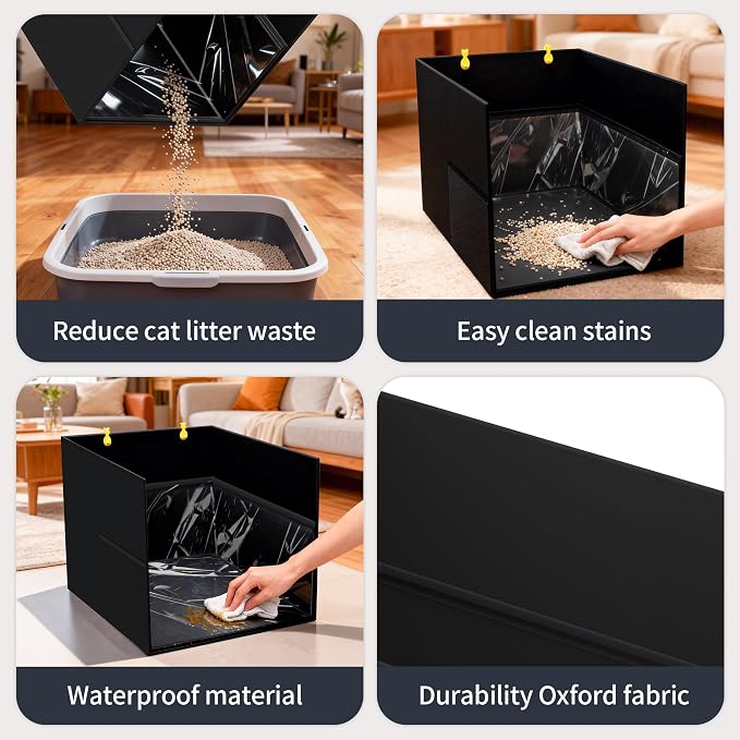 Aokeyee Cat Litter Box Enclosure Splash Guard, Black Waterproof | 27.16x21.65x16.53, Removable PVC Mat with 2 Hooks, Foldable Anti-Leakage Dust Control - Image 8