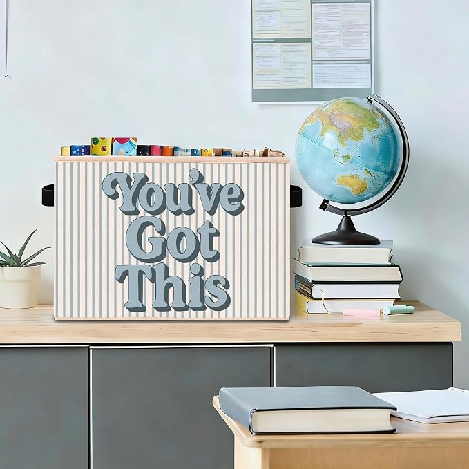 You’ve Got This Storage Bin, Blue White Stripe Fabric Basket | Motivational foldable fabric organizer for nursery, bedroom, classroom, toys, books, and clothes - Image 3