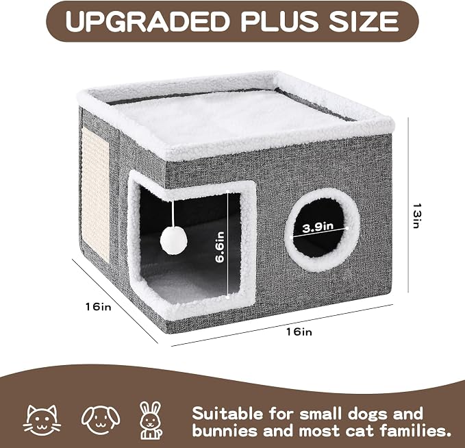 Large Cat Houses for Indoor Cats with Fluffy Ball and Scratch Pad | Foldable Cat Bed Cave for Multiple Pets, Kitten Bed for All Seasons, Non-slip, Hold Up to 30LBS, 16x16x13inch, Grey - Image 5