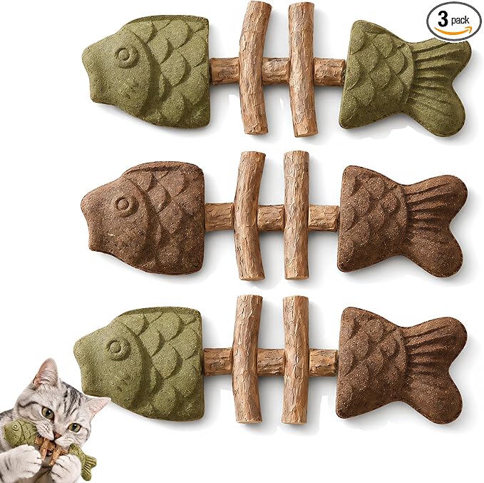 Catnip and Silvervine Chew Toy for Cats (3 PCS, Mixed Flavor) | Natural Fishbone Cat Dental Toy with Silvervine Sticks, Teeth Cleaning, Boredom Relief for Kittens & Adult Indoor Cats by ZWJ