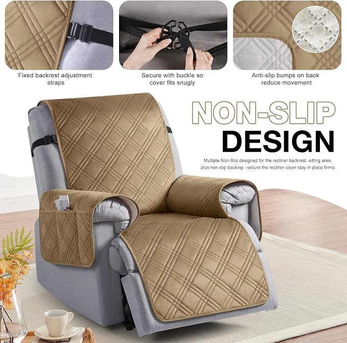 TAOCOCO 100% Waterproof Recliner Chair Cover, Recliner Covers for Recliner Chair with Pocket, Non Slip Reclining Chair Cover Furniture Protector for Kids, Pets(23.6'', Khaki-Velvet) - Image 6