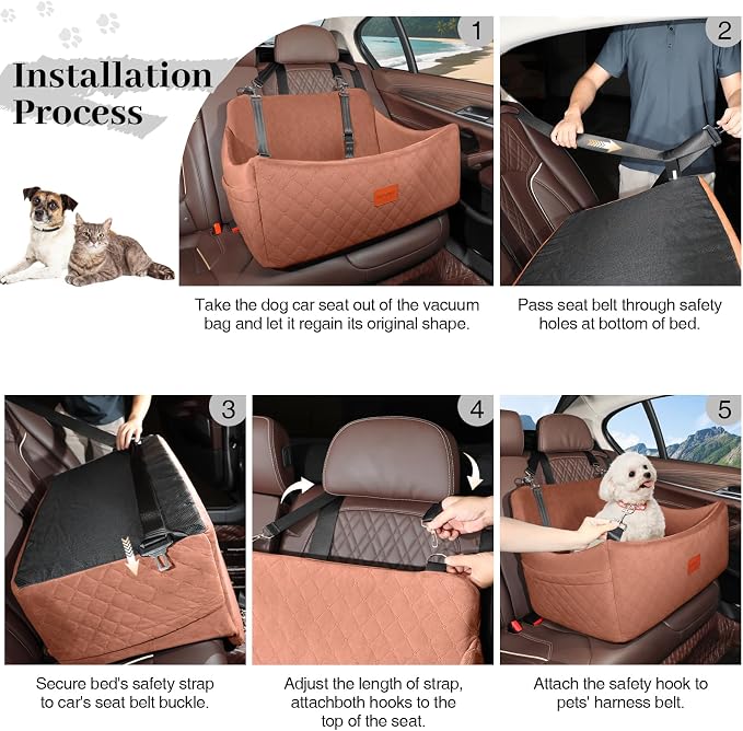 Wooaidagg Dog Car Seat for Medium & Large Dogs Up to 55lbs, Memory Foam Cushion, Washable Cover, Safety Straps & Non-Slip Base (Brown, Large) - Image 6