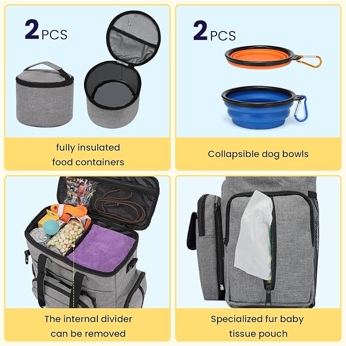 Modoker Dog Travel Organizer with 2 Collapsible Bowls for Supplies & Accessories, Airline Approved Dog Tote Pet Travel Bag with 2 Travel Food Container | Dog travel accessories set with feeding supplies, bowls, mat, and strap. Ideal for weekend trips. - Image 5
