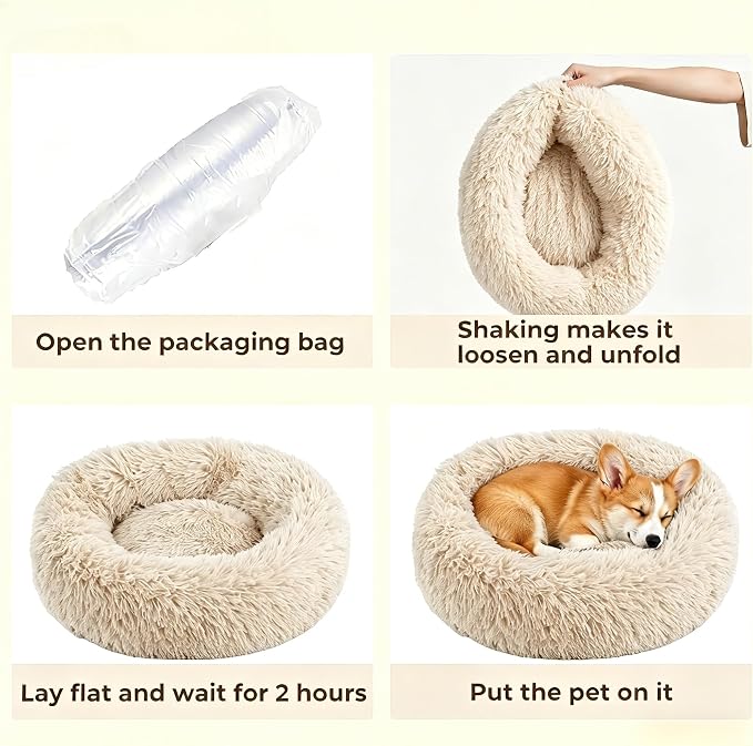 Calming Donut Dog and Cat Bed for Indoor Cats, Anti-Anxiety Round Fluffy Soft Washable Small Pet Bed for Puppy and Kitten, Warming Comfortable Luxury Anti-Slip Waterproof Mute Base 20in Light Brown - Image 7