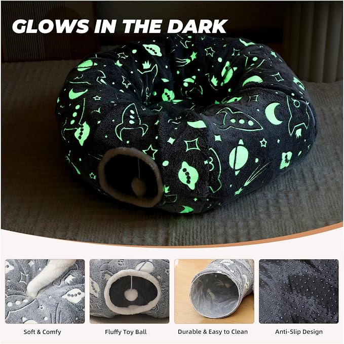 Large Cat Tunnels Bed Tube for Indoor Cats Under Christmas Tree Glows in The Dark Cat Tunnel with Cushion and Plush Ball Toy Longer Playground Toys for Dog Puppy Kitten Pet Gray - Image 2