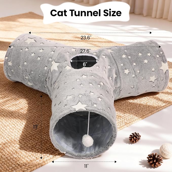 Tempcore 3-Way Collapsible Cat Tunnel Toy with Self-Luminous Tube & Teaser Wand, Peek Holes & Hanging Ball, Photoluminescence Play Tunnel for Indoor Cats, Puppy, Rabbit - Image 3