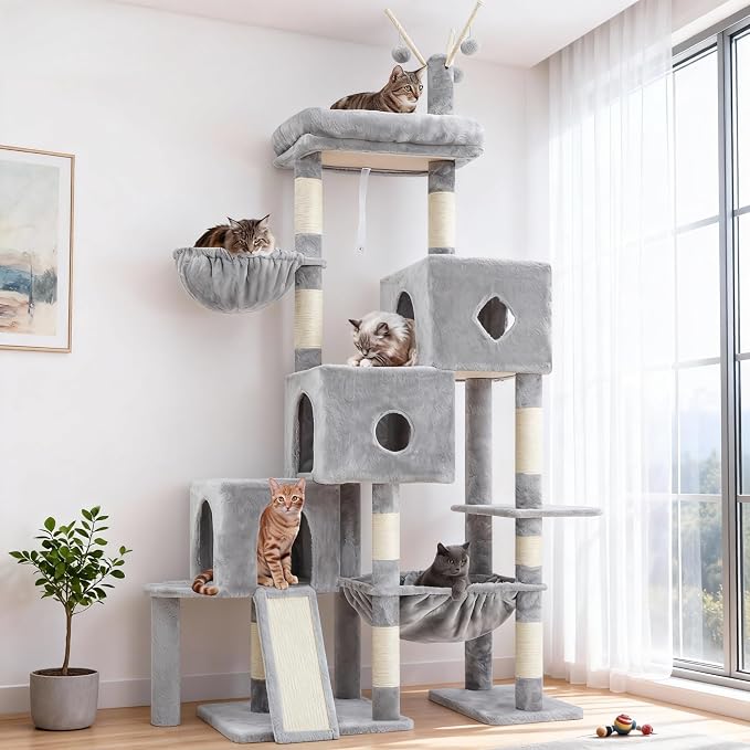 Hey-brother Cat Tree Tower with 3 Condos, Step Climbing Pathway MPJ081W | 74.8 Inches Scratching Post with 3 House, Hammock, Large Basket, Cozy Bed, Sisal Board, Toys for Big Indoor Cats, Light Gray by Hey-brother