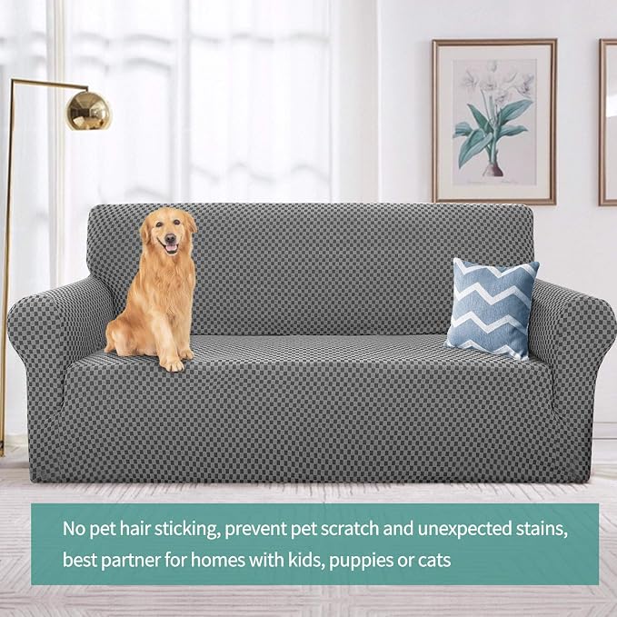 YEMYHOM Couch Cover Latest Jacquard Design High Stretch Sofa Covers for 3 Cushion Couch, Pet Dog Cat Proof Slipcover Non Slip Magic Elastic Furniture Protector (Large, Dark Gray Checkered) - Image 2