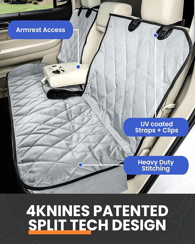 4Knines Dog Rear Seat Cover for Fold Down Seats - Fitted, Tan Regular | Heavy-duty split design fits 60/40 and 50/50 fold-down seats. No Hammock. K9-Shield waterproof layer. Non-slip backing. - Image 4
