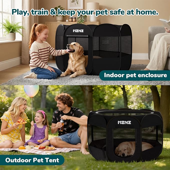 Dog Cat Small Animal Puppy Playpen Crate, Large, Whole Black | Portable Pop Up Pet Cage Enclosure Tent Kennel Indoor Outdoor with Carrying Case, No Assembly, Camping Use - Image 5