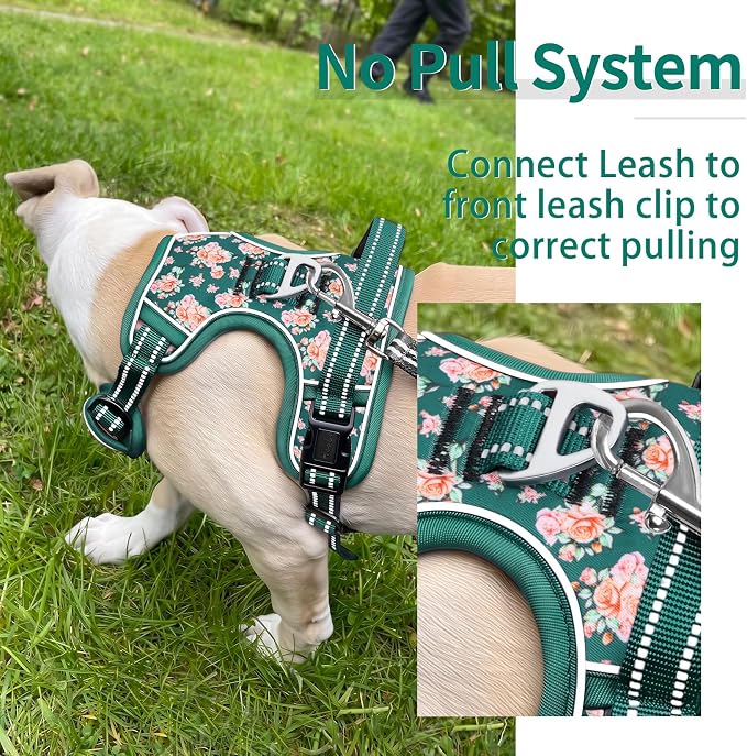 HEELE Dog Harness, Reflective, No Pull No Choke, Flower Grass Green, M | Front Clip for Medium Dog Harness, 2 Metal Rings with Handle, Adjustable, Soft Breathable Padded Pet Vest for Night Walking - Image 5