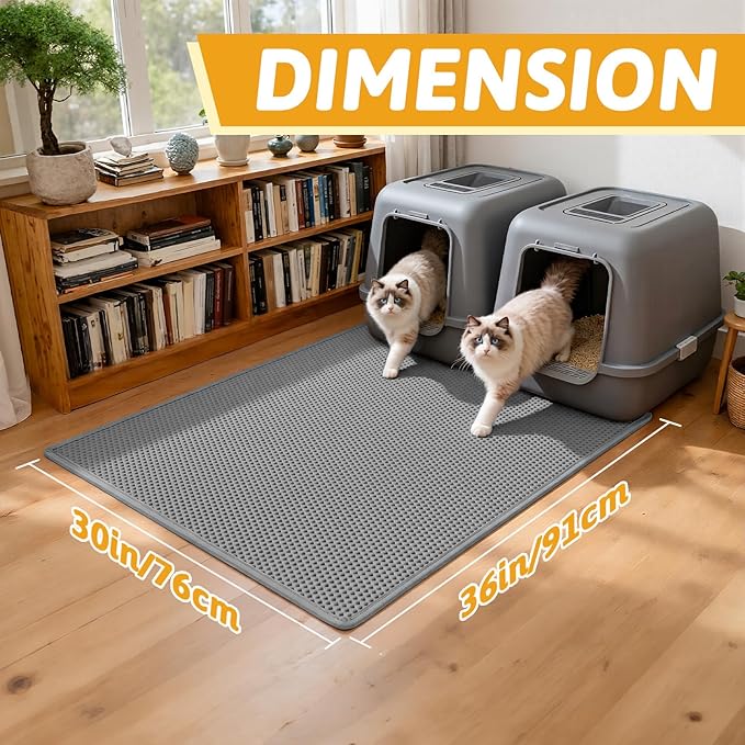 Pieviev Cat Litter Mat, Double-Layer Waterproof Litter Trap, 36" x 30" Gray | Honeycomb Design Catches Scattered Particles to Stop Tracking, Urineproof Base Protects Floors, Easy to Clean - Image 2
