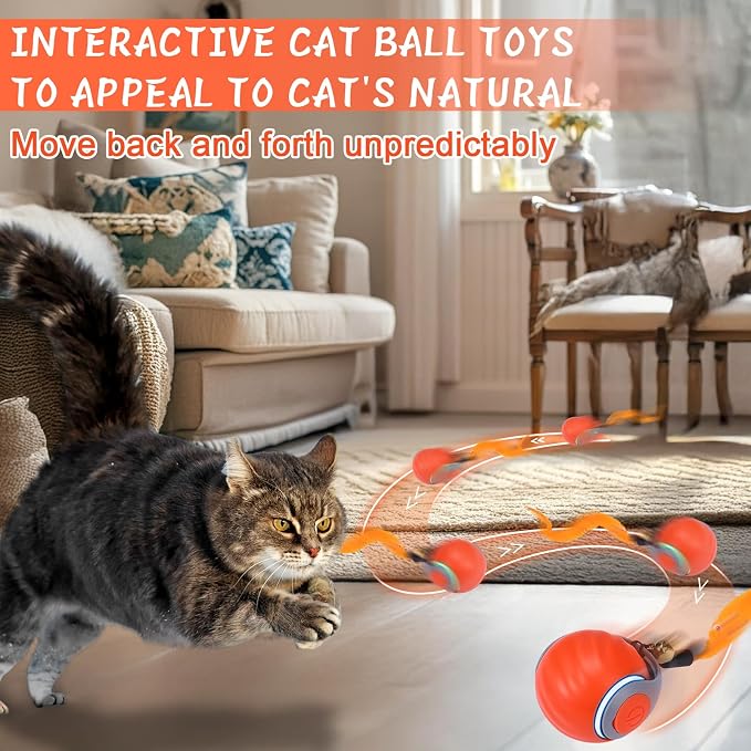 BABORUI Interactive Cat Toy Ball - Automatic Interactive Cat Toys for Indoor Cats with 3 Tails, 2 Speeds Rechargeable Enrichment Toys for Small/Medium/Large to Keep Them Busy (Orange) - Image 2