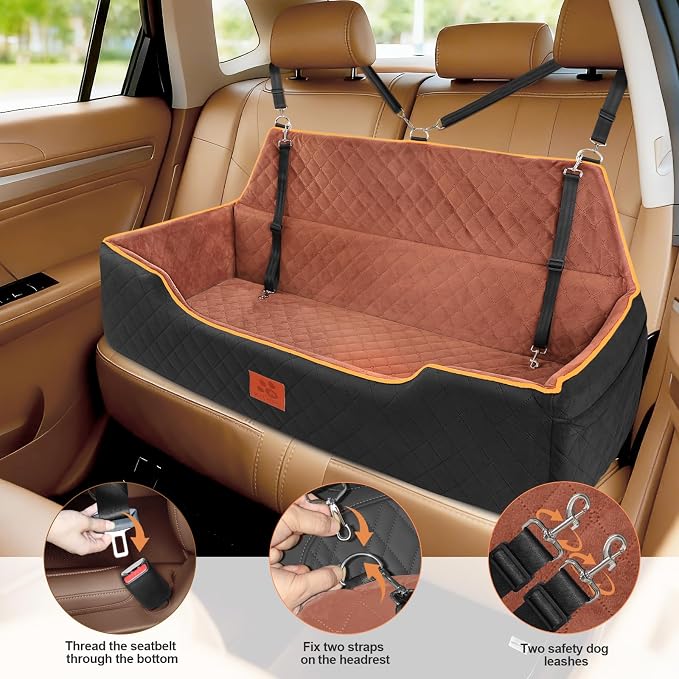 XIEEAOZEE Large Dog Car Seat for Pets Under 100 lbs, Backseat Dog Car Bed | Washable Pet Booster Seat for 2 Medium Dogs, Pet Travel Seat with Storage Pockets, Safety Belts - Image 6