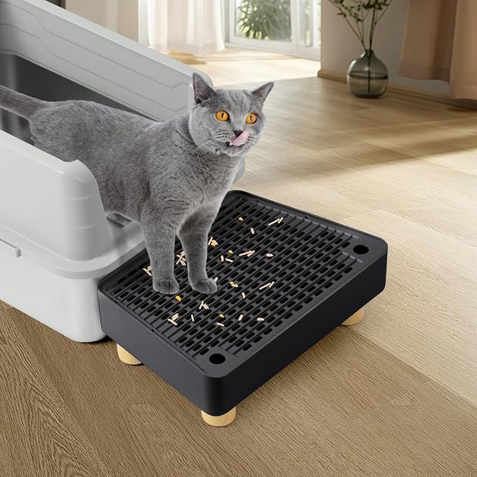 Extra Large Cat Litter Box Step Ramp, Cat's Litter Catcher Mat with Wooden Feet, Filter Function, Pedal Stool for Self-Cleaning Cat Litter Box, Ideal for Kitten & Elderly Cats (Black) - Image 7